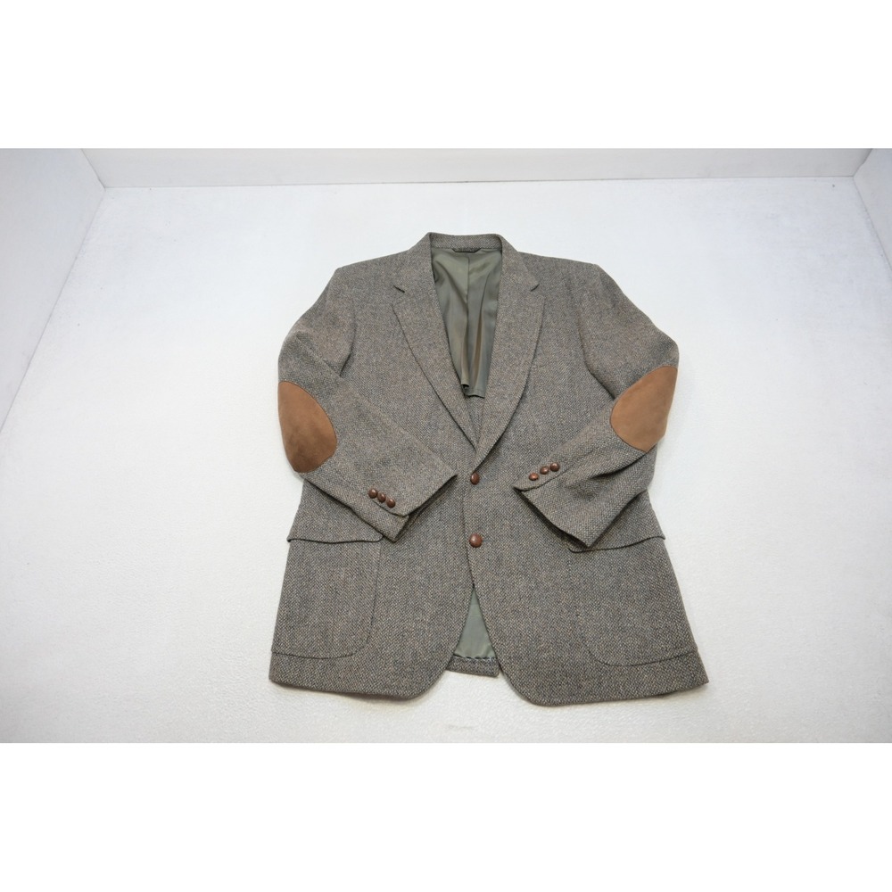 VTG Wallachs Wool Tweed Blazer Mens 46R Gray Herringbone Elbow Patches Excellent